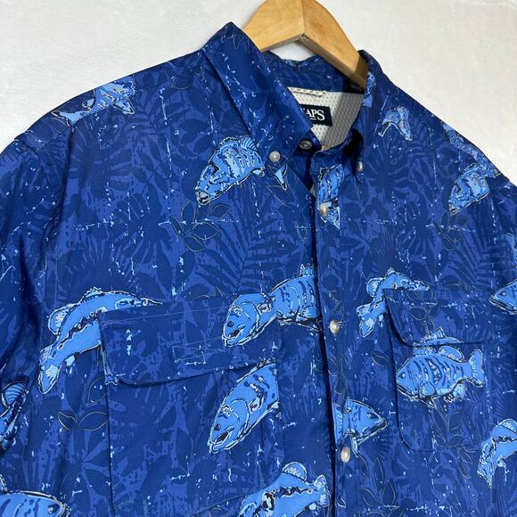 CHAPS Royal Navy Blue Large Buttoned Men's Casual Shirt Bass Fish Print Outdoors - Picture 2 of 8